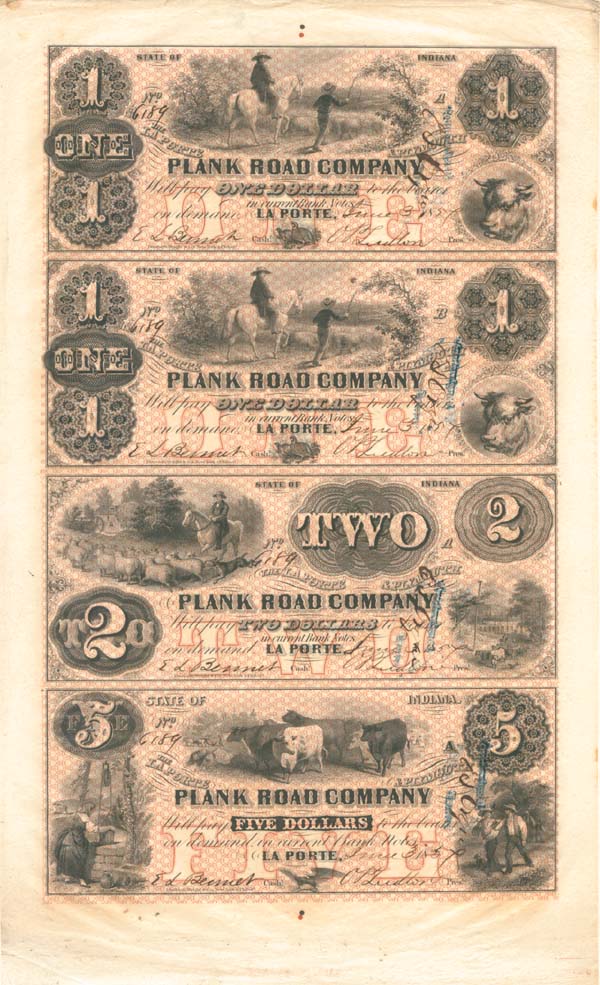 La Porte and Plymouth Plank Road Co. Uncut Obsolete Sheet - Broken Bank Notes